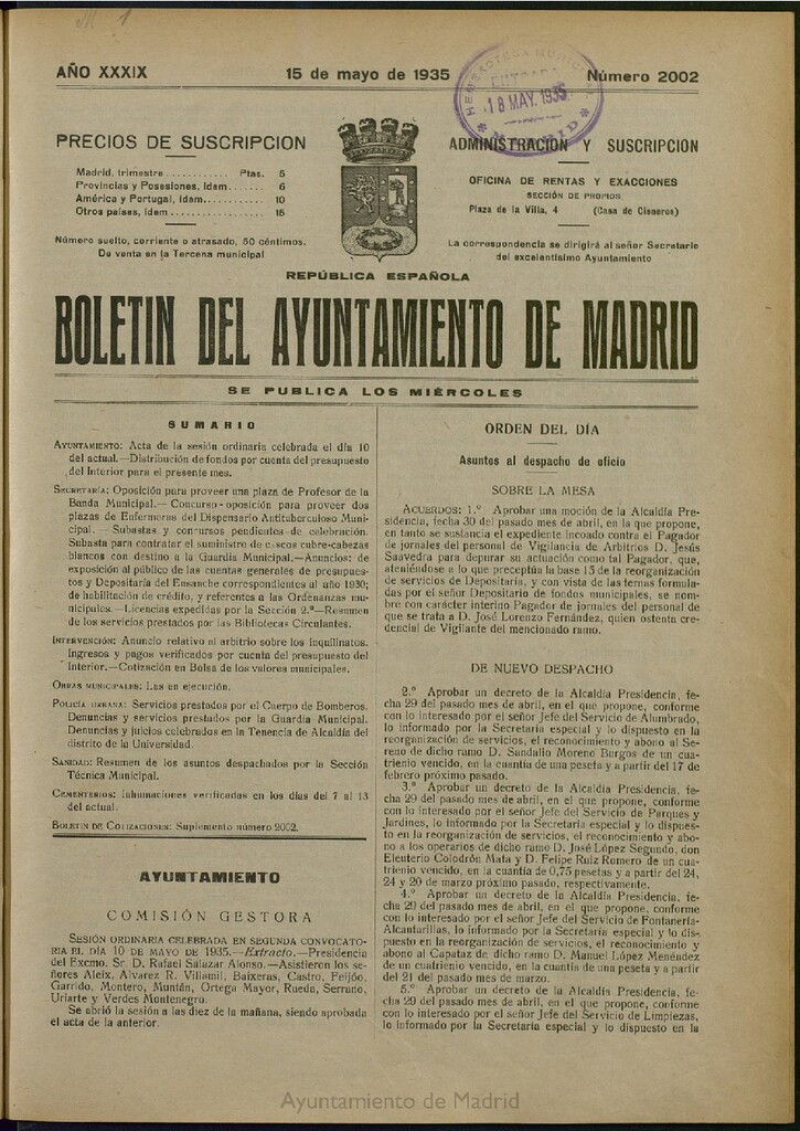 Miniatura de Boletín Oficial del Ayuntamiento de Madrid del 15 de mayo de 1935, nº 2002