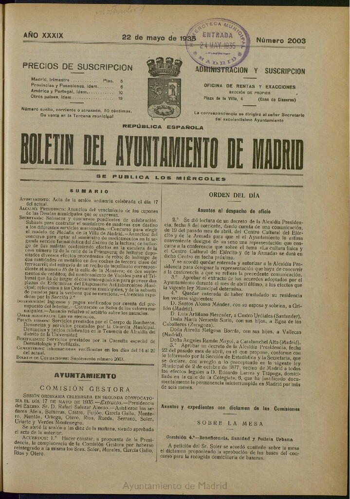Miniatura de Boletín Oficial del Ayuntamiento de Madrid del 22 de mayo de 1935, nº 2003