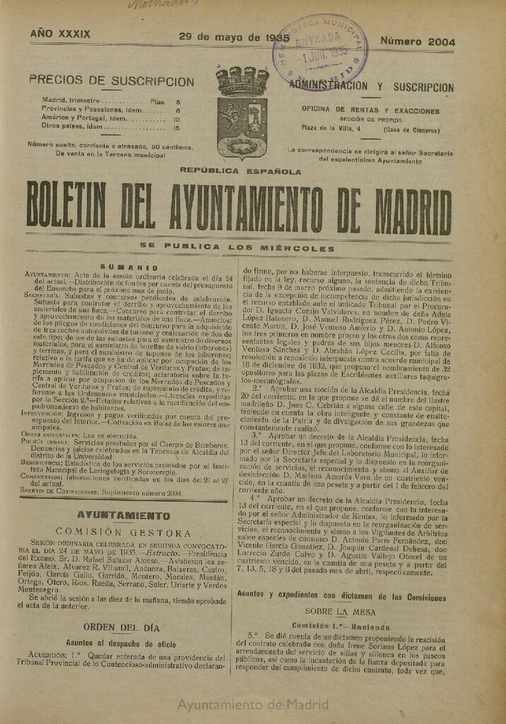 Miniatura de Boletín Oficial del Ayuntamiento de Madrid del 29 de mayo de 1935, nº 2004