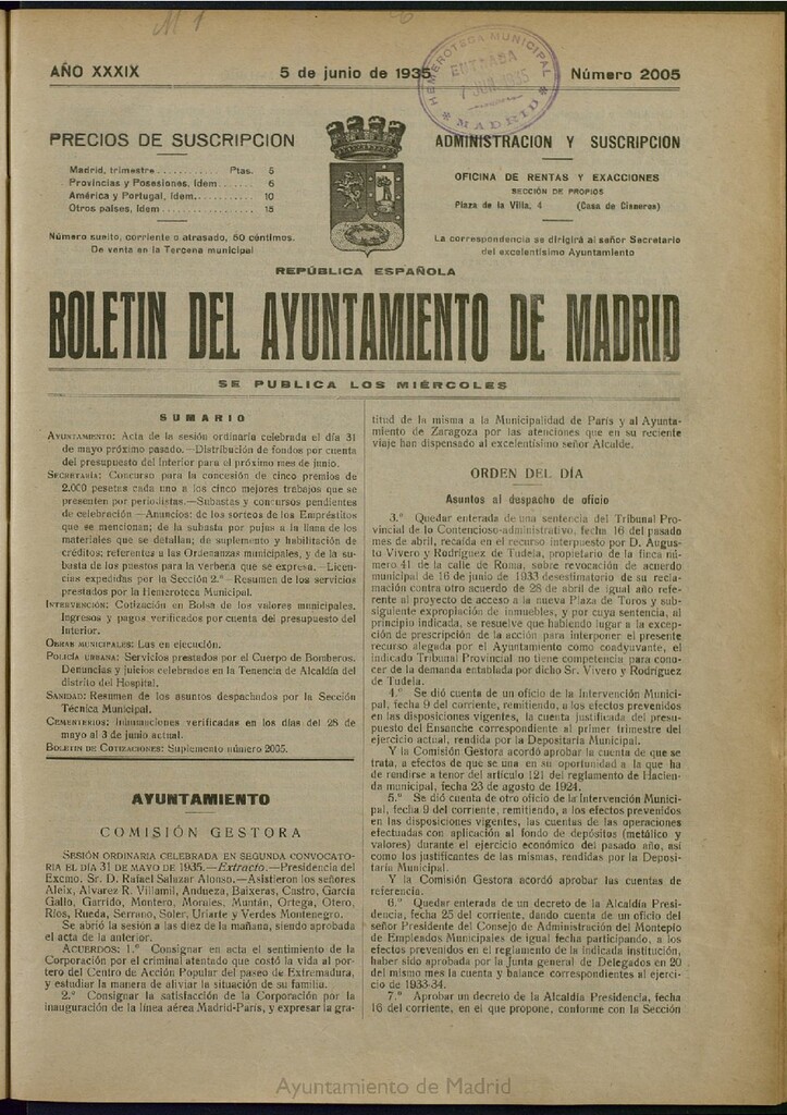 Miniatura de Boletín Oficial del Ayuntamiento de Madrid del 5 de junio de 1935, nº 2005