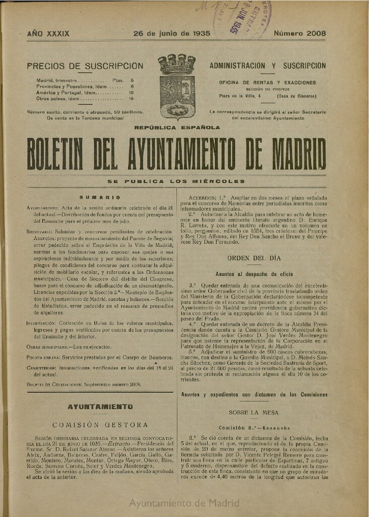 Miniatura de Boletín Oficial del Ayuntamiento de Madrid del 26 de junio de 1935, nº 2008