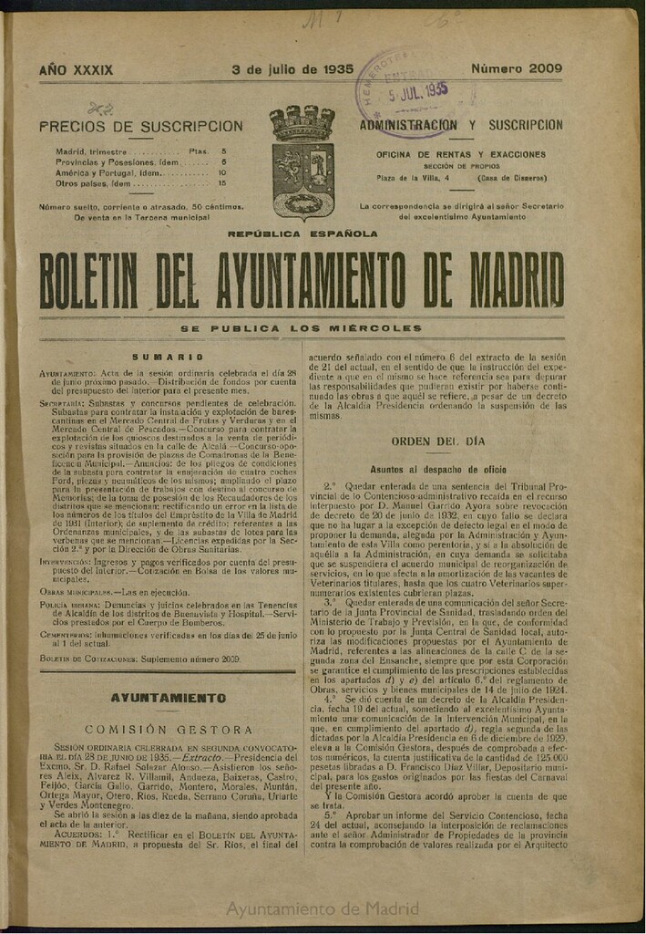Miniatura de Boletín Oficial del Ayuntamiento de Madrid del 3 de julio de 1935, nº 2009