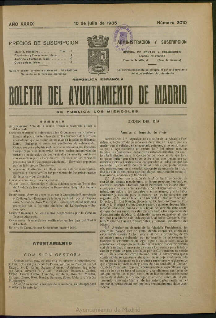 Miniatura de Boletín Oficial del Ayuntamiento de Madrid del 10 de julio de 1935, nº 2010