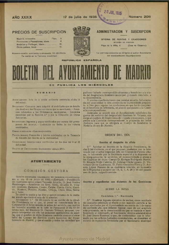 Miniatura de Boletín Oficial del Ayuntamiento de Madrid del 17 de julio de 1935, nº 2011
