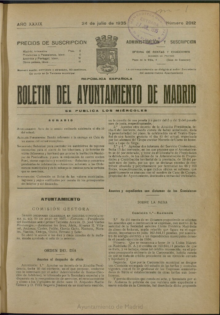 Miniatura de Boletín Oficial del Ayuntamiento de Madrid del 24 de julio de 1935, nº 2012