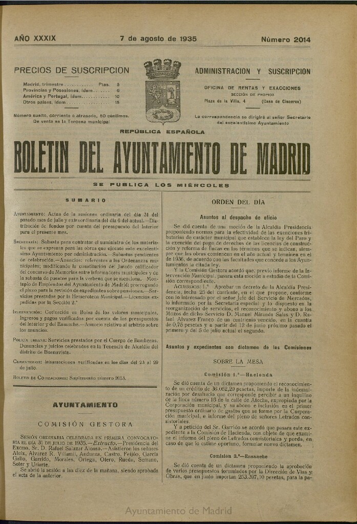 Miniatura de Boletín Oficial del Ayuntamiento de Madrid del 7 de agosto de 1935, nº 2014