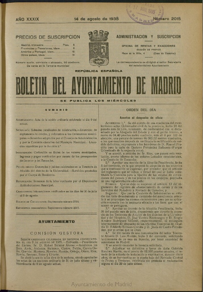 Miniatura de Boletín Oficial del Ayuntamiento de Madrid del 14 de agosto de 1935, nº 2015