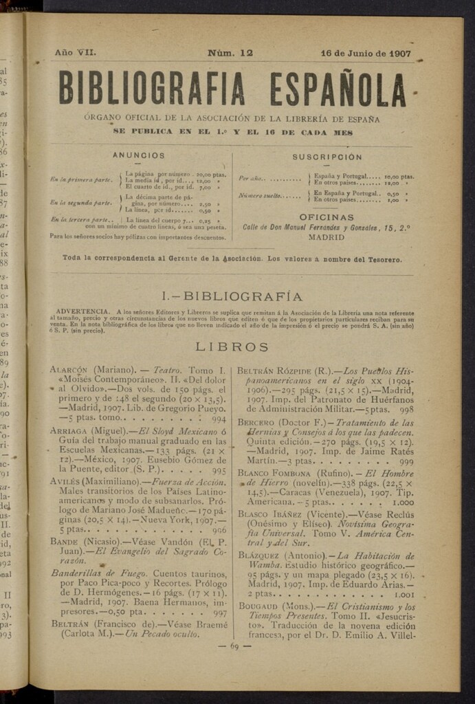 Miniatura de Bibliografía Española del 16 de junio de 1907
