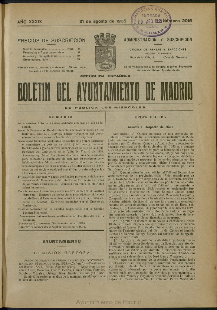 Miniatura de Boletín Oficial del Ayuntamiento de Madrid del 21 de agosto de 1935, nº 2016