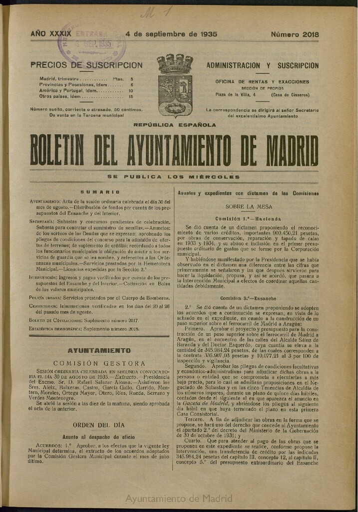 Miniatura de Boletín Oficial del Ayuntamiento de Madrid del 4 de septiembre de 1935, nº 2018