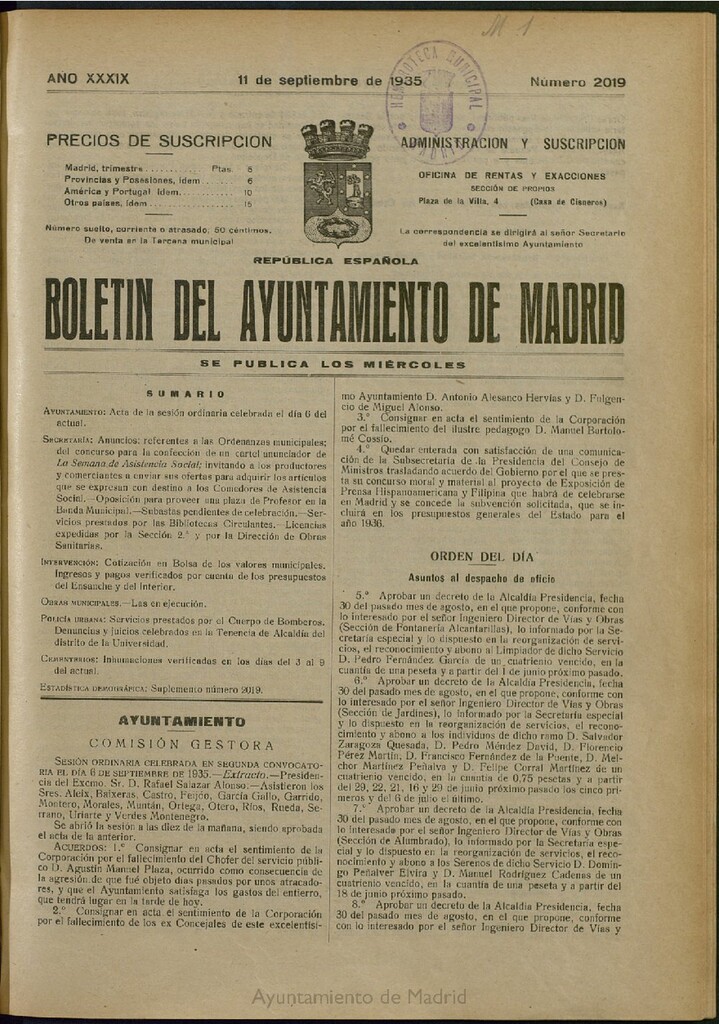 Miniatura de Boletín Oficial del Ayuntamiento de Madrid del 11 de septiembre de 1935, nº 2019