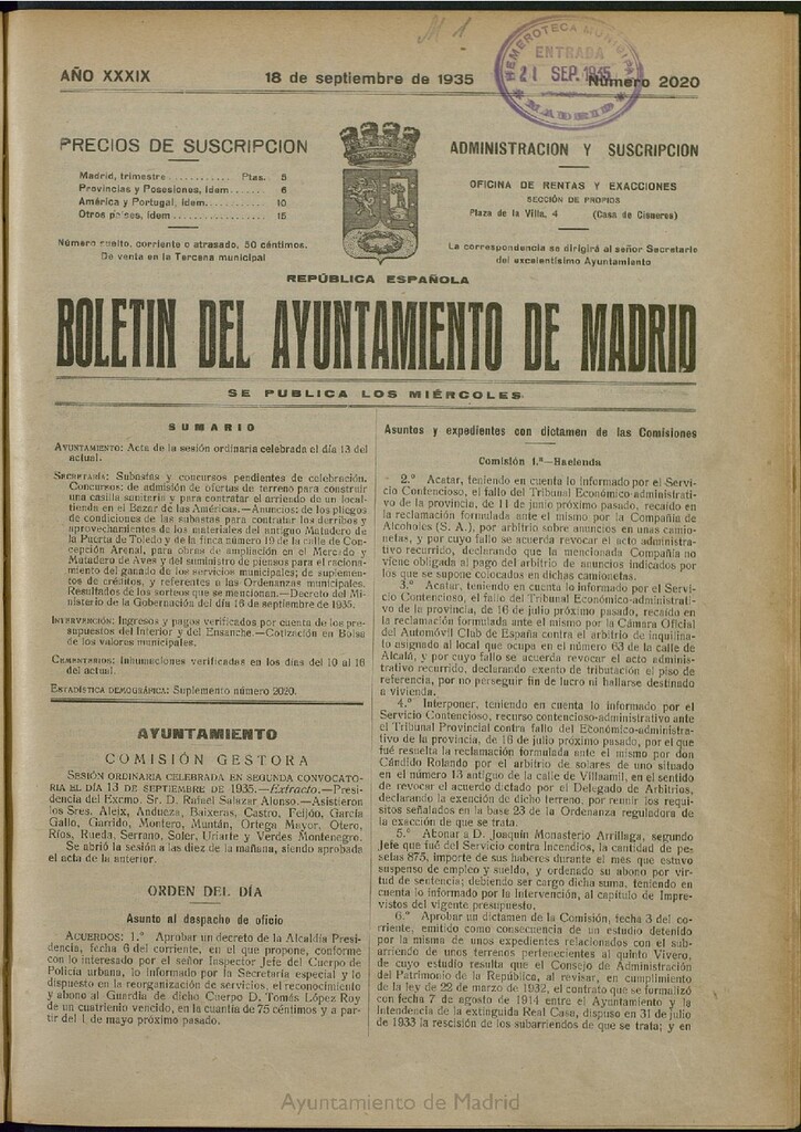 Miniatura de Boletín Oficial del Ayuntamiento de Madrid del 18 de septiembre de 1935, nº 2020