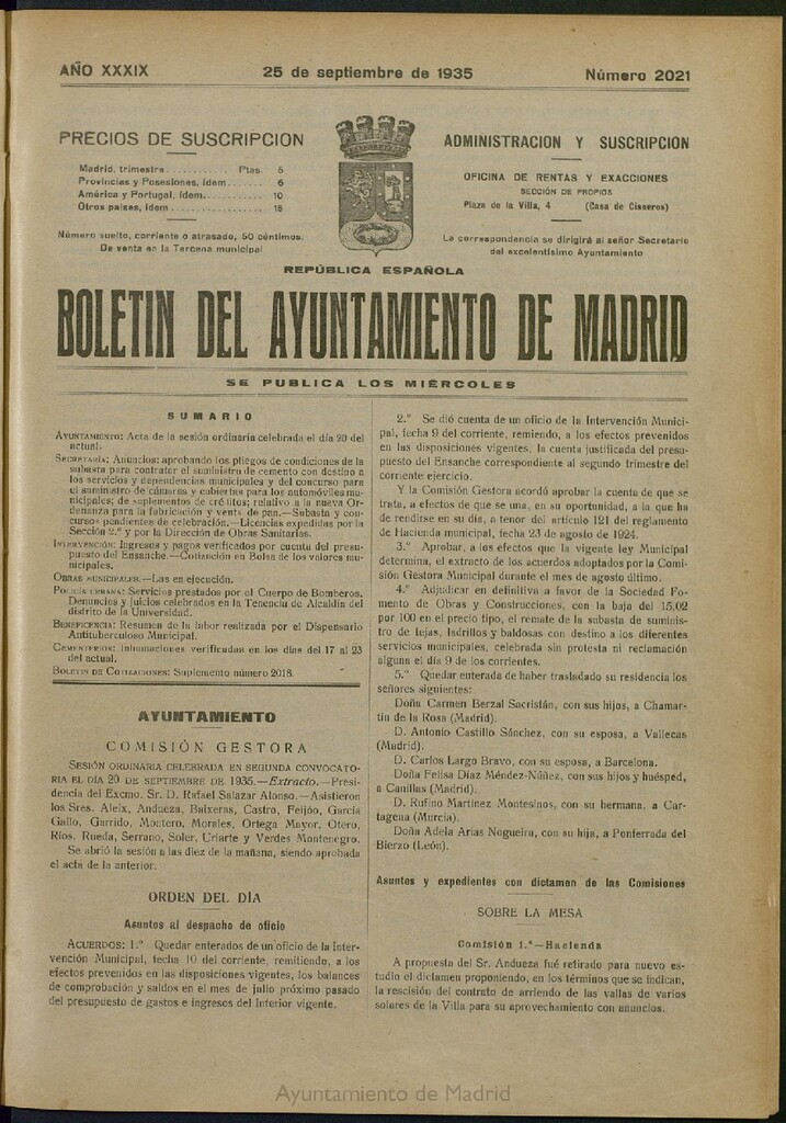 Miniatura de Boletín Oficial del Ayuntamiento de Madrid del 25 de septiembre de 1935, nº 2021