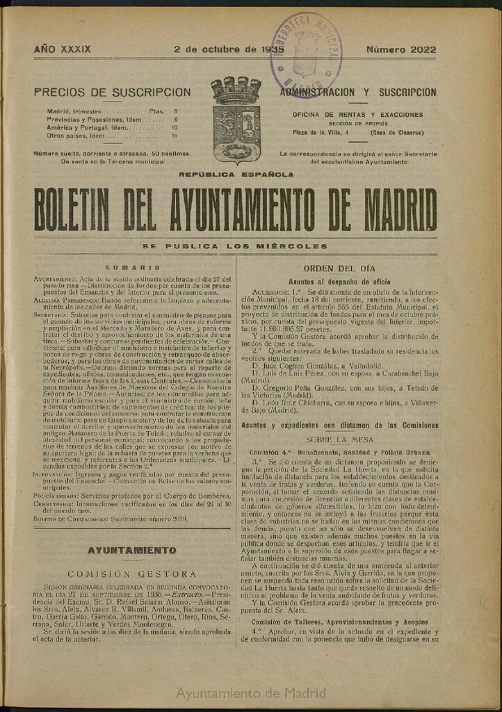 Miniatura de Boletín Oficial del Ayuntamiento de Madrid del 2 de octubre de 1935, nº 2022