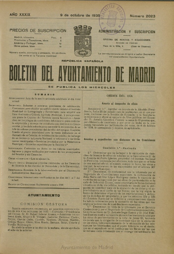 Miniatura de Boletín Oficial del Ayuntamiento de Madrid del 9 de octubre de 1935, nº 2023