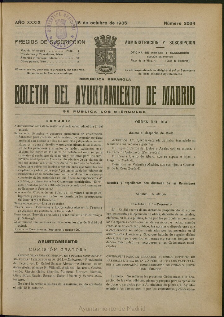 Miniatura de Boletín Oficial del Ayuntamiento de Madrid del 16 de octubre de 1935, nº 2024