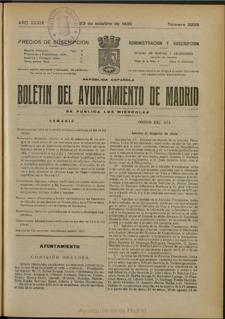 Miniatura de Boletín Oficial del Ayuntamiento de Madrid del 23 de octubre de 1935, nº 2025