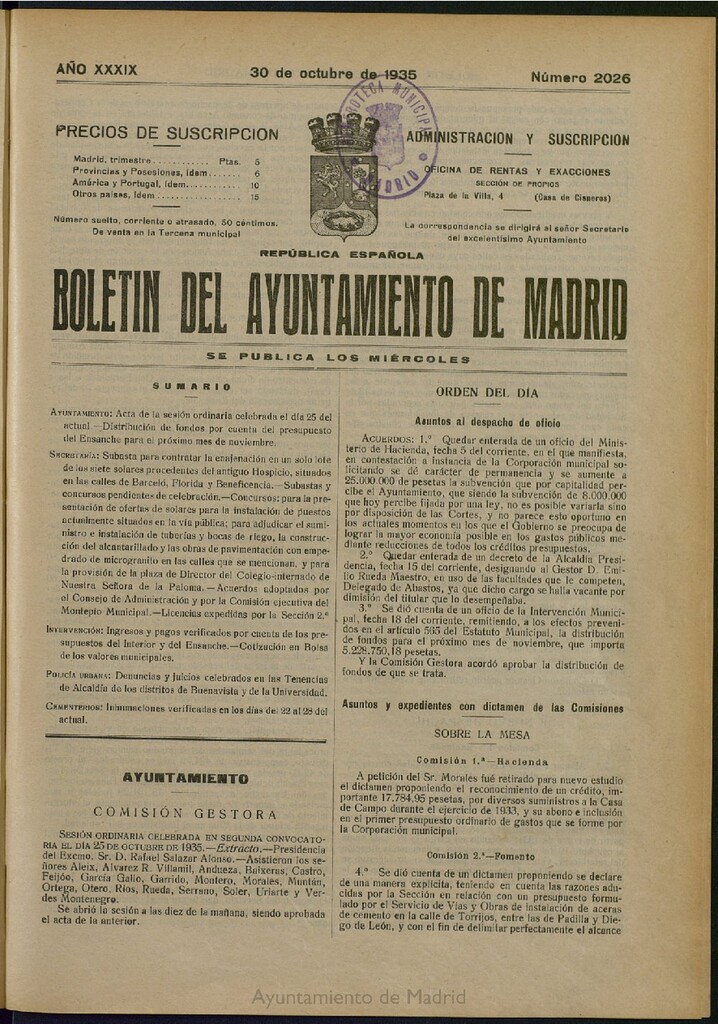 Miniatura de Boletín Oficial del Ayuntamiento de Madrid del 30 de octubre de 1935, nº 2026