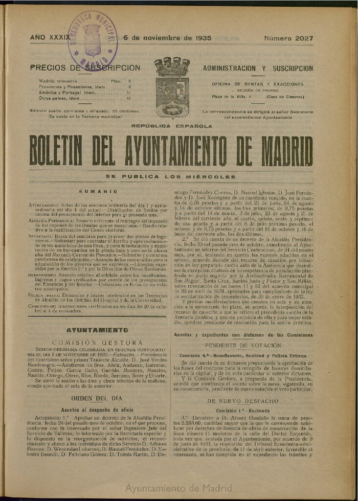 Miniatura de Boletín Oficial del Ayuntamiento de Madrid del 6 de noviembre de 1935, nº 2027