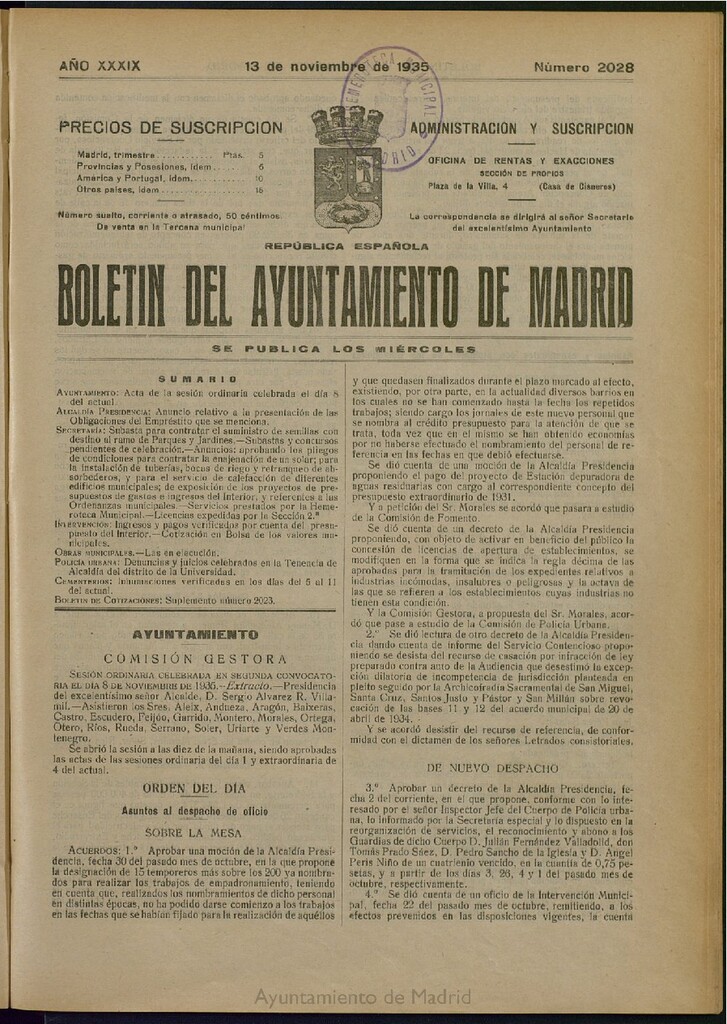 Miniatura de Boletín Oficial del Ayuntamiento de Madrid del 13 de noviembre de 1935, nº 2028