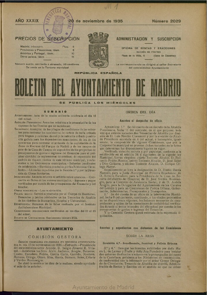 Miniatura de Boletín Oficial del Ayuntamiento de Madrid del 20 de noviembre de 1935, nº 2029