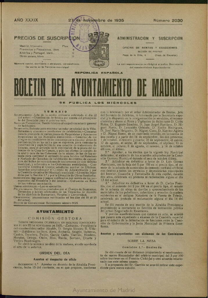 Miniatura de Boletín Oficial del Ayuntamiento de Madrid del 27 de noviembre de 1935, nº 2030