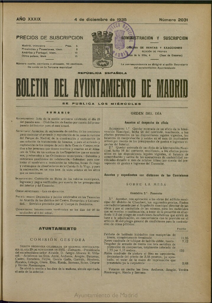 Miniatura de Boletín Oficial del Ayuntamiento de Madrid del 4 de diciembre de 1935, nº 2031