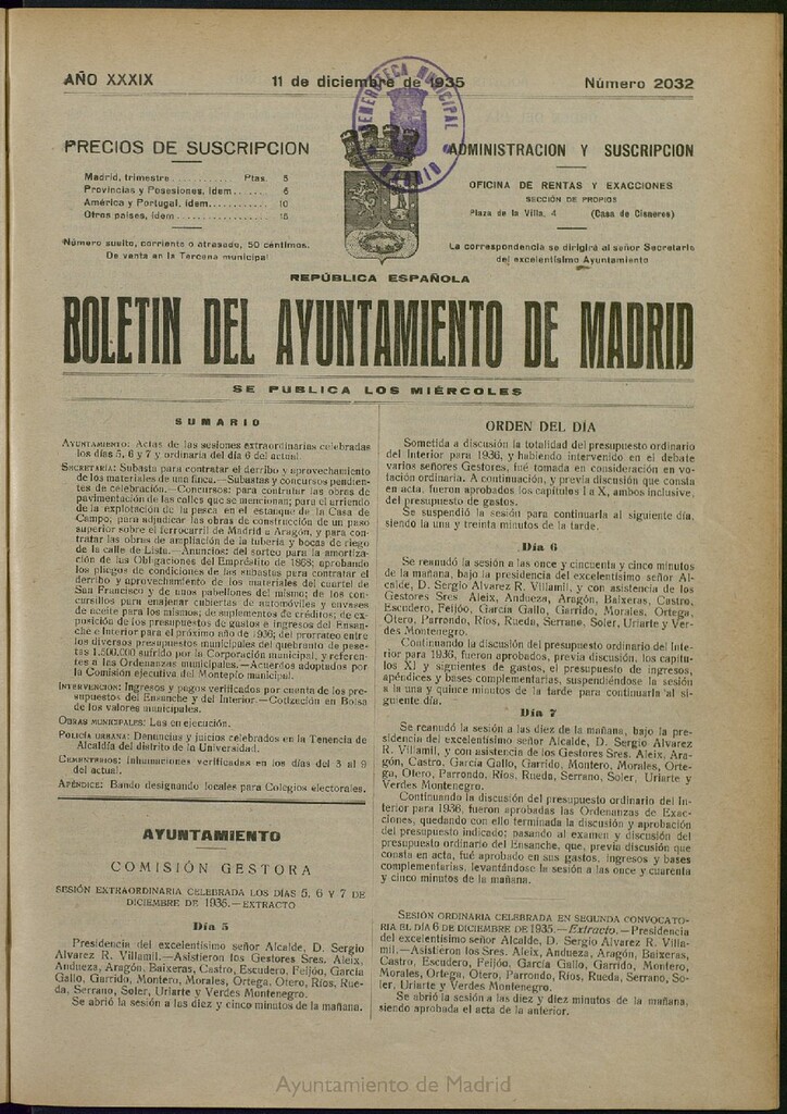 Miniatura de Boletín Oficial del Ayuntamiento de Madrid del 11 de diciembre de 1935, nº 2032