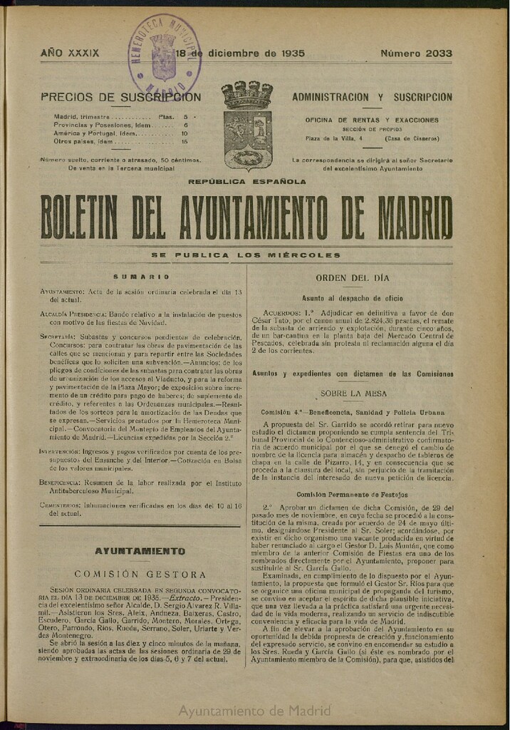 Miniatura de Boletín Oficial del Ayuntamiento de Madrid del 18 de diciembre de 1935, nº 2033