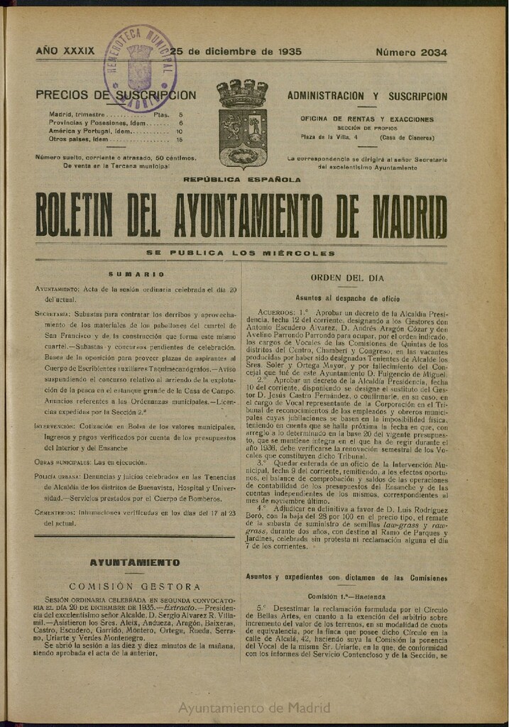 Miniatura de Boletín Oficial del Ayuntamiento de Madrid del 25 de diciembre de 1935, nº 2034