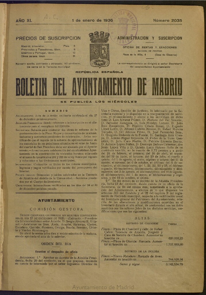 Miniatura de Boletín Oficial del Ayuntamiento de Madrid del 1 de enero de 1936, nº 2009