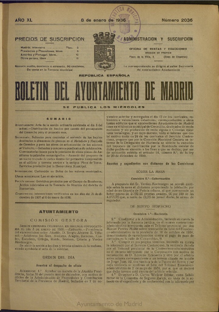 Miniatura de Boletín Oficial del Ayuntamiento de Madrid del 8 de enero de 1936, nº 2010