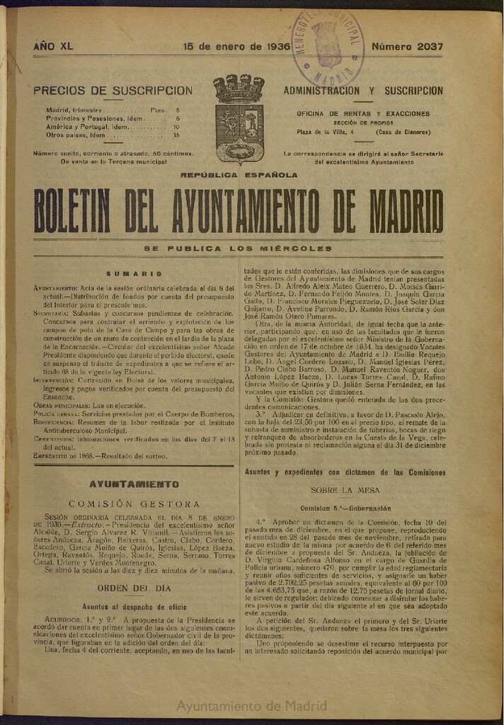 Miniatura de Boletín Oficial del Ayuntamiento de Madrid del 15 de enero de 1936, nº 2037