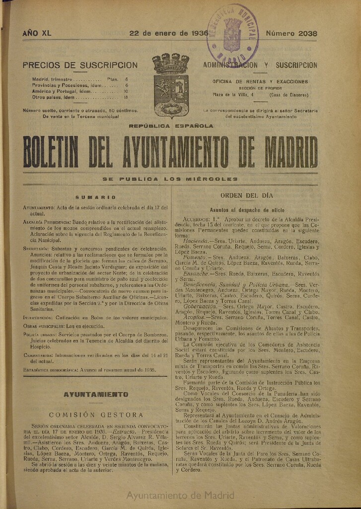 Miniatura de Boletín Oficial del Ayuntamiento de Madrid del 22 de enero de 1936, nº 2038