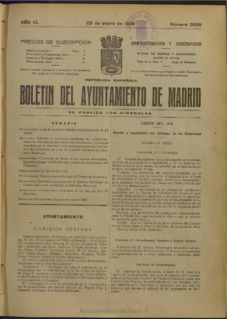 Miniatura de Boletín Oficial del Ayuntamiento de Madrid del 29 de enero de 1936, nº 2039