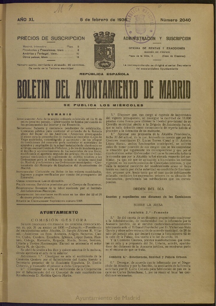 Miniatura de Boletín Oficial del Ayuntamiento de Madrid del 5 de febrero de 1936, nº 2040