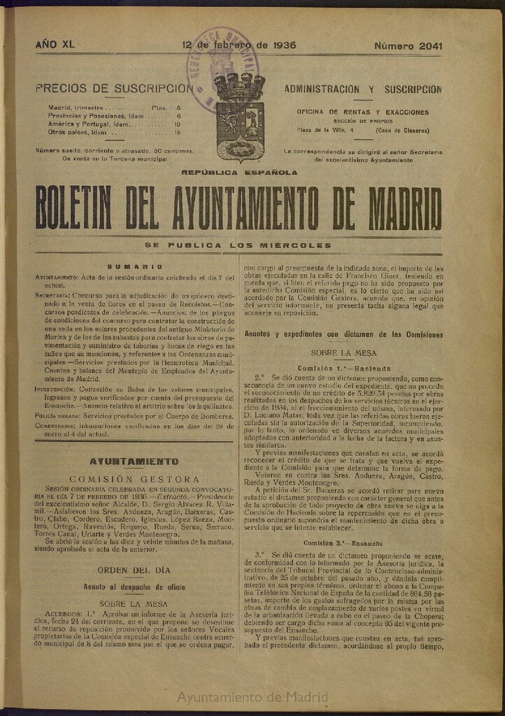 Miniatura de Boletín Oficial del Ayuntamiento de Madrid del 12 de febrero de 1936, nº 2041
