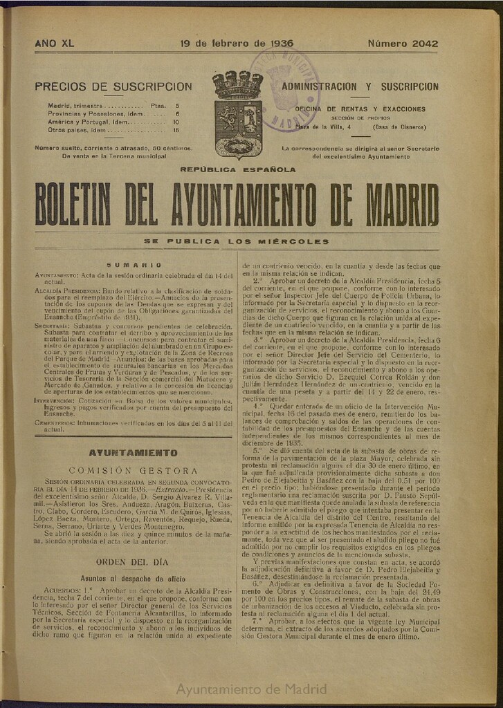 Miniatura de Boletín Oficial del Ayuntamiento de Madrid del 19 de febrero de 1936, nº 2042