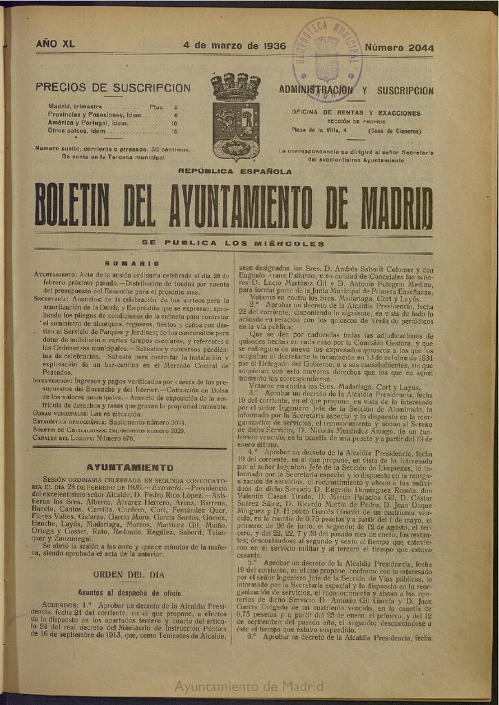 Miniatura de Boletín Oficial del Ayuntamiento de Madrid del 4 de marzo de 1936, nº 2044