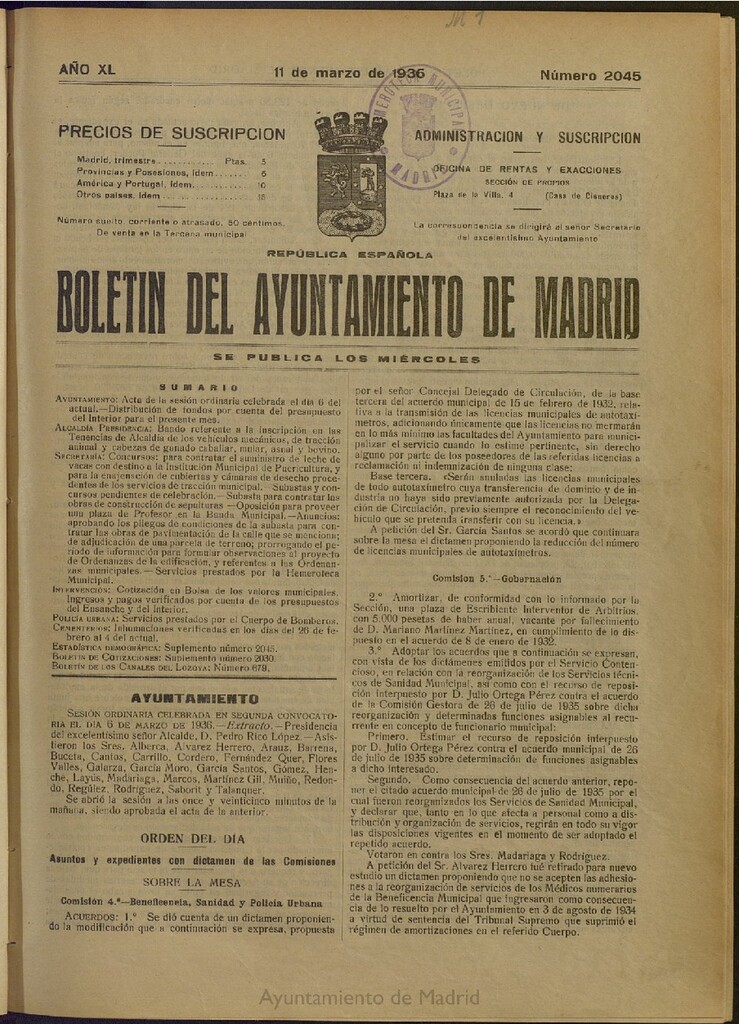 Miniatura de Boletín Oficial del Ayuntamiento de Madrid del 11 de marzo de 1936, nº 2045