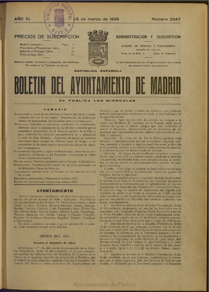 Miniatura de Boletín Oficial del Ayuntamiento de Madrid del 25 de marzo de 1936, nº 2047