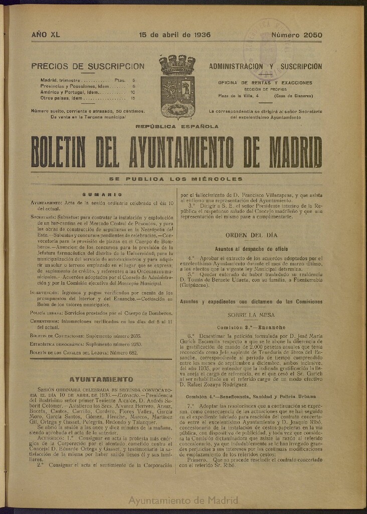 Miniatura de Boletín Oficial del Ayuntamiento de Madrid del 15 de abril de 1936, nº 2050