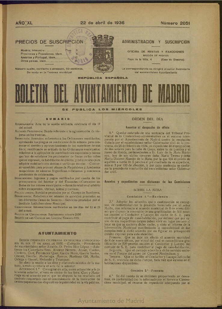 Miniatura de Boletín Oficial del Ayuntamiento de Madrid del 22 de abril de 1936, nº 2051