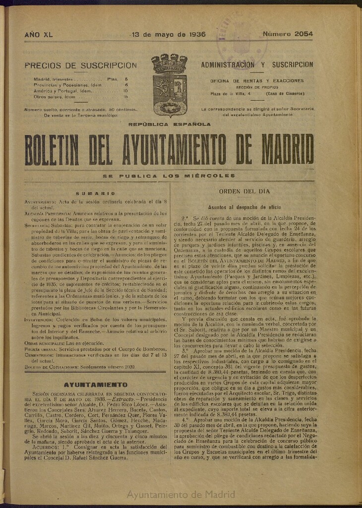 Miniatura de Boletín Oficial del Ayuntamiento de Madrid del 13 de mayo de 1936, nº 2054