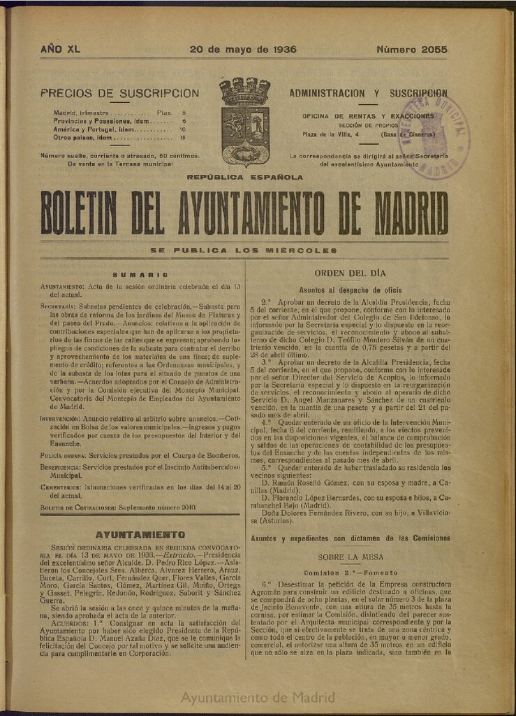 Miniatura de Boletín Oficial del Ayuntamiento de Madrid del 20 de mayo de 1936, nº 2055