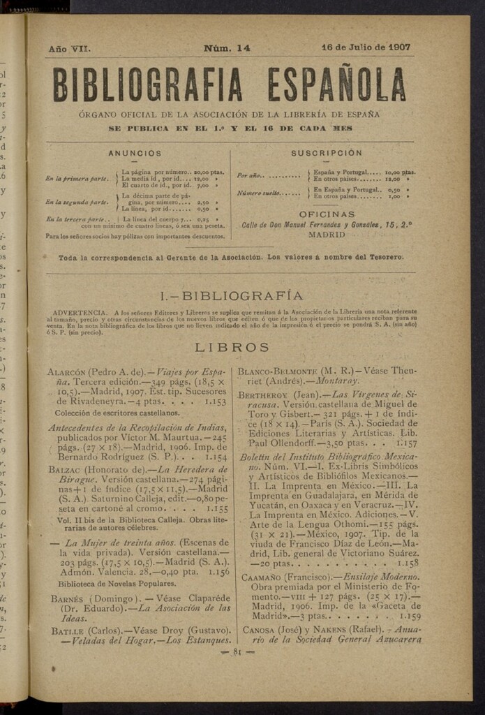Miniatura de Bibliografía Española del 16 de julio de 1907