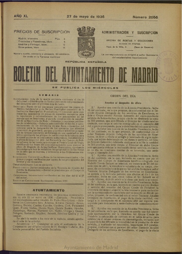 Miniatura de Boletín Oficial del Ayuntamiento de Madrid del 27 de mayo de 1936, nº 2056