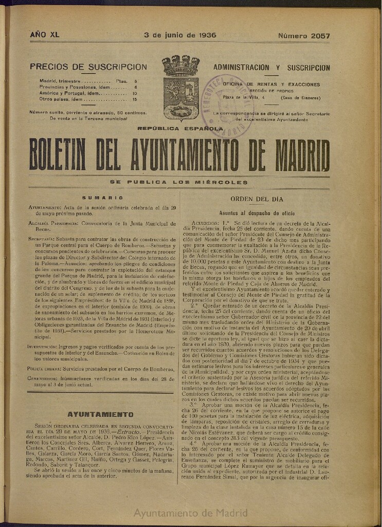 Miniatura de Boletín Oficial del Ayuntamiento de Madrid del 3 de junio de 1936, nº 2057