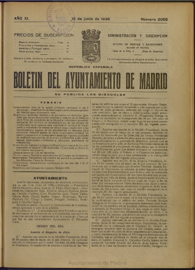 Miniatura de Boletín Oficial del Ayuntamiento de Madrid del 10 de junio de 1936, nº 2058