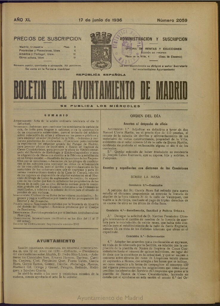 Miniatura de Boletín Oficial del Ayuntamiento de Madrid del 17 de junio de 1936, nº 2059
